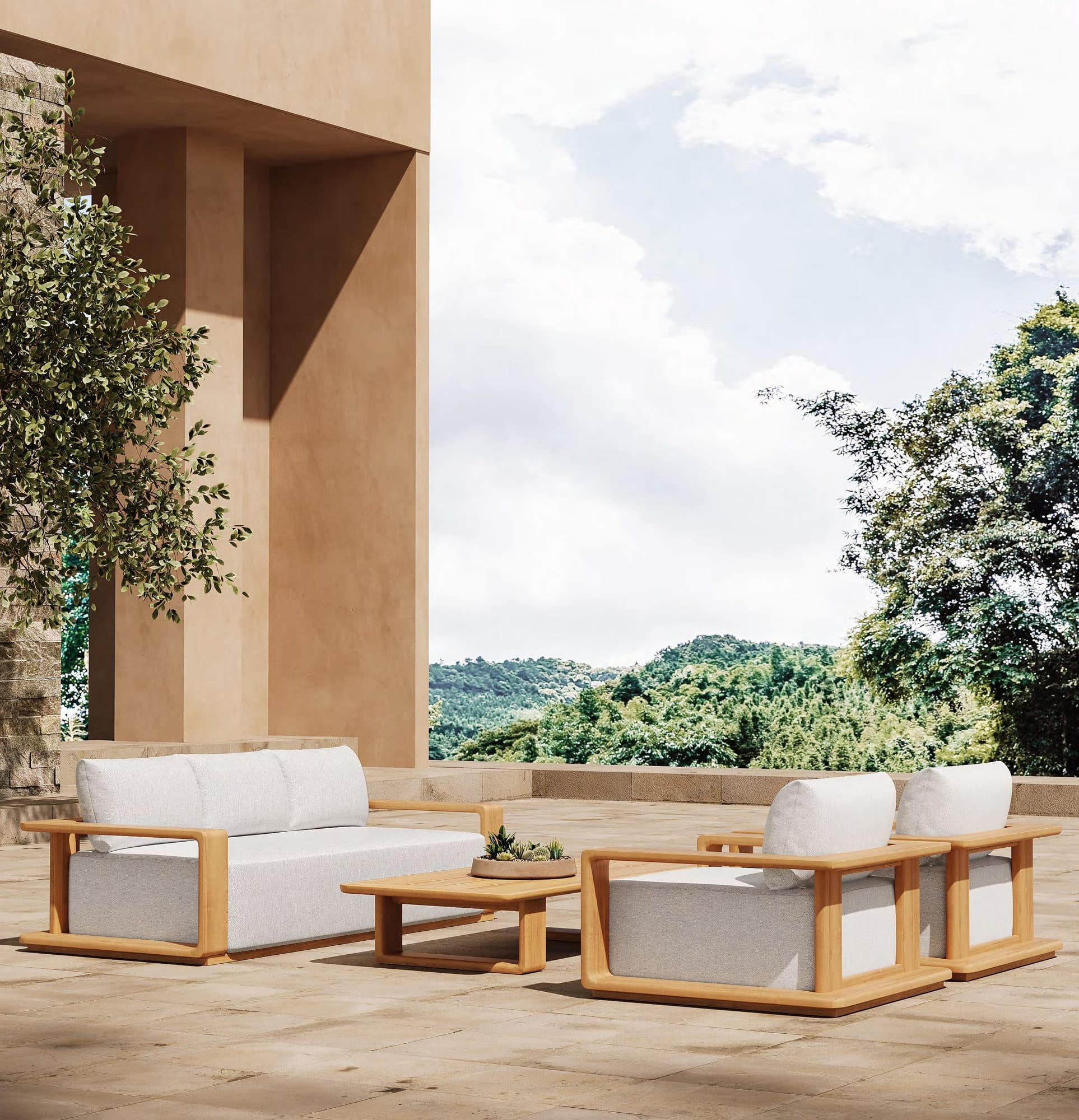 Detail of Marina teak and all-weather upholstery craftsmanship