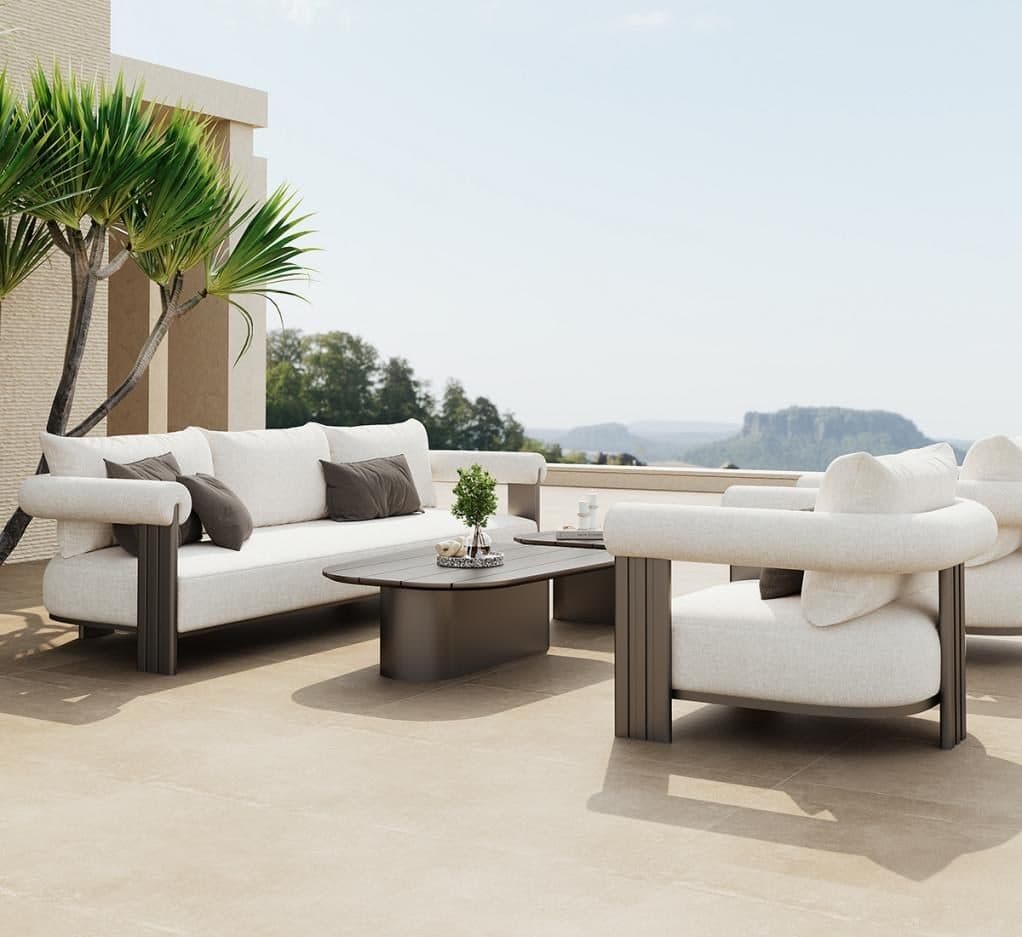 Marina outdoor sofa setting overlooking the coast at golden hour